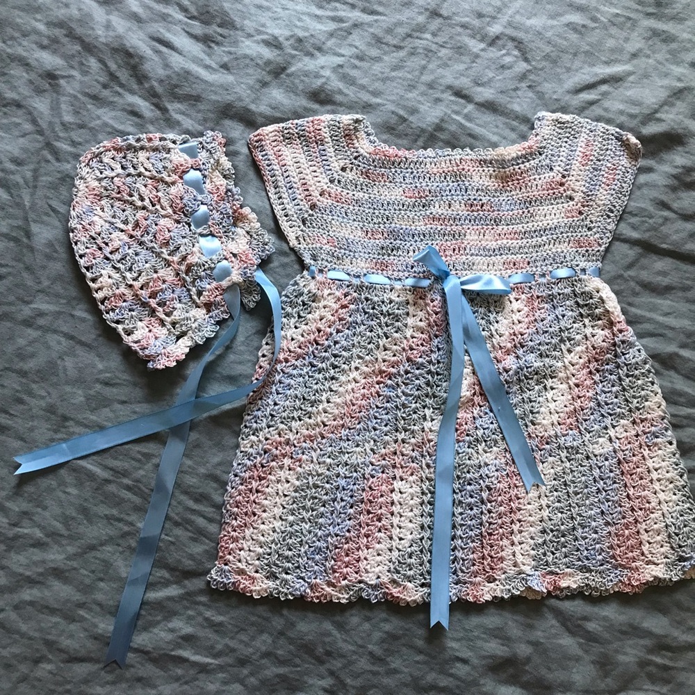 Crochet Multicolor New Born Baby Dress Bow Ribbon Accent | Handmade